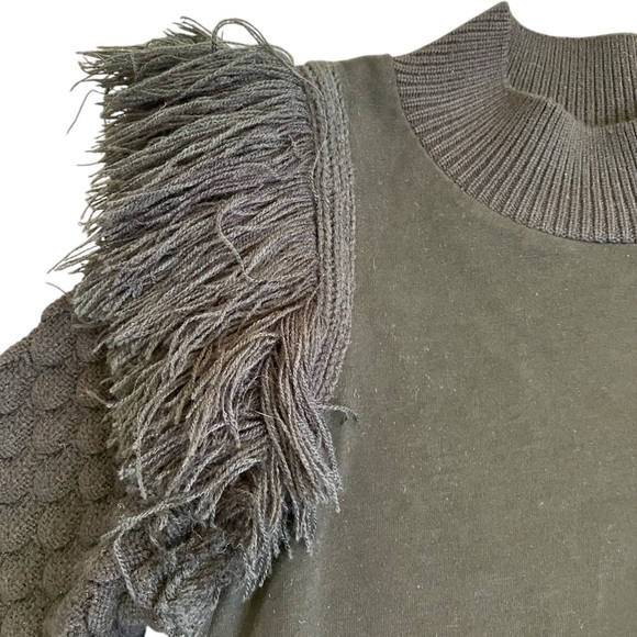 Anthropologie Dolan Boho Fringed Knit Sweater Mock Neck Puff Sleeves Black XXS - Picture 8 of 16